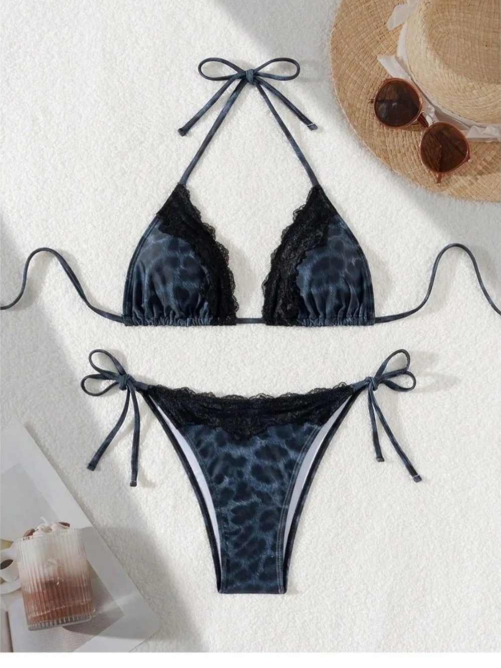 Lace Trim Tie-Side Bikini Set in Dark Teal Animal Print